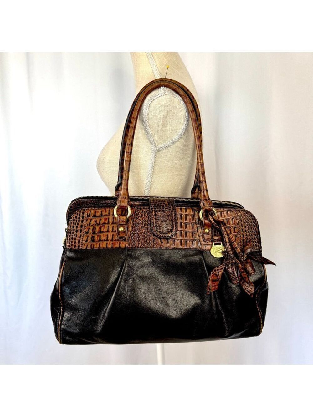 Vintage Designer Brahmin Tote Bag Purse Handbag Brown Crocodile & Black Leather